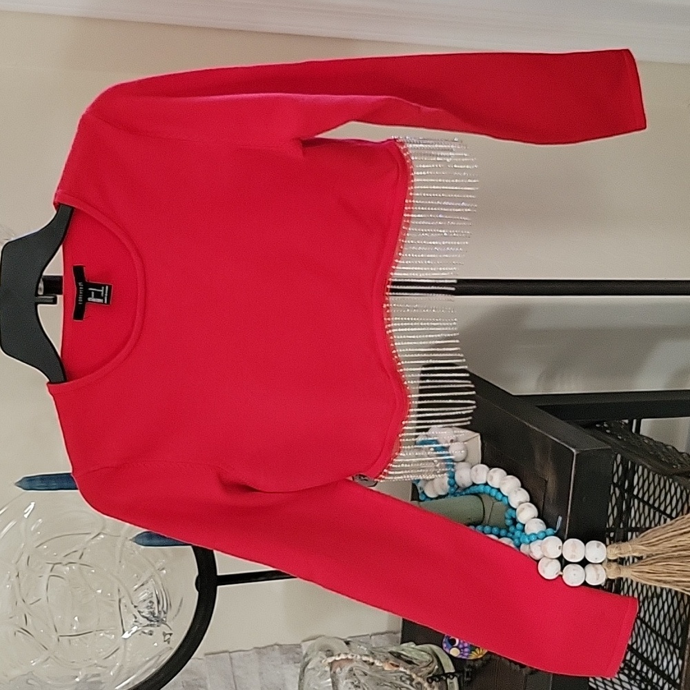 Forever 21 Red, Rhinstone Front Dangling,  Long Sleeve Sweater LG